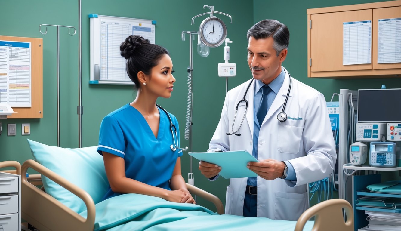 A nurse practitioner consulting with a patient in a hospital room, surrounded by medical equipment and charts