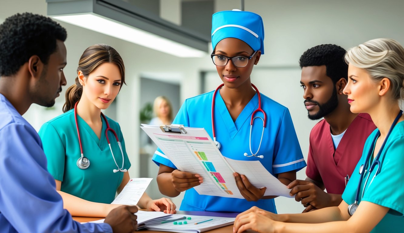 An acute care nurse practitioner examining patient charts and consulting with medical team