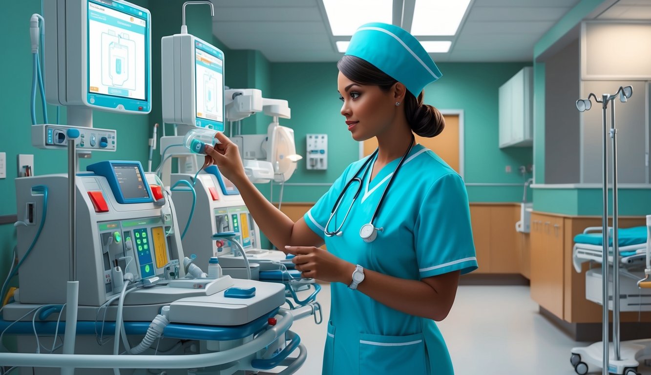 A nurse practitioner examining medical equipment in a hospital setting