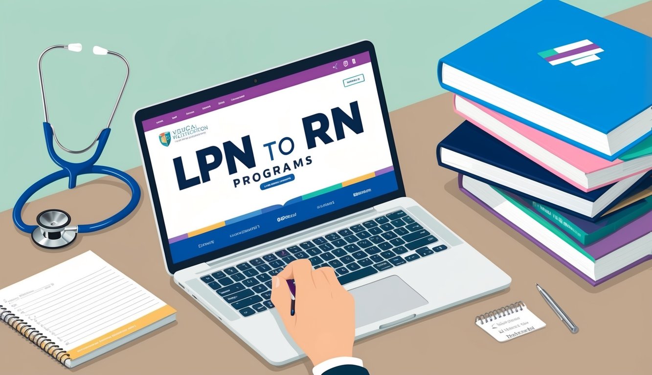 A laptop displaying a webpage for LPN to RN programs, surrounded by a stethoscope, medical textbooks, and a notepad with study notes