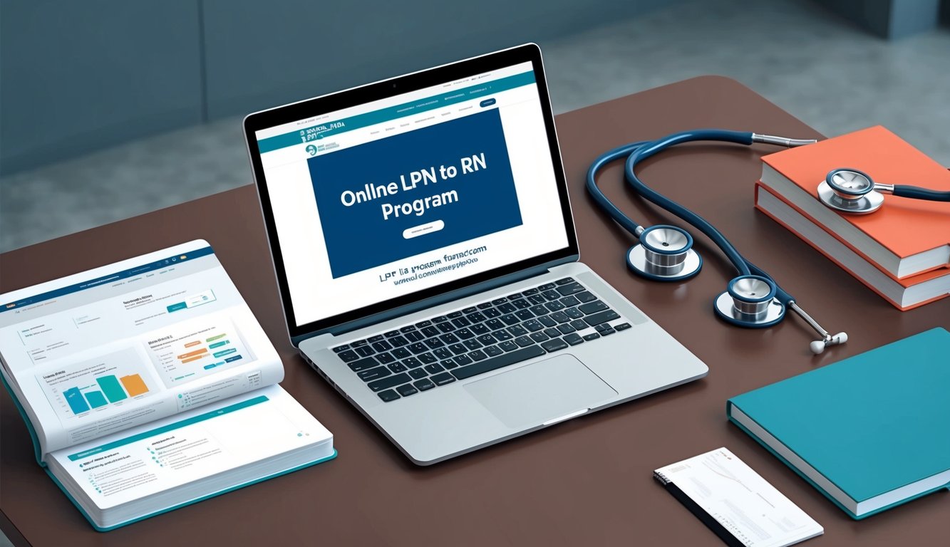 A laptop displaying an online LPN to RN program website with a stethoscope and medical textbooks nearby