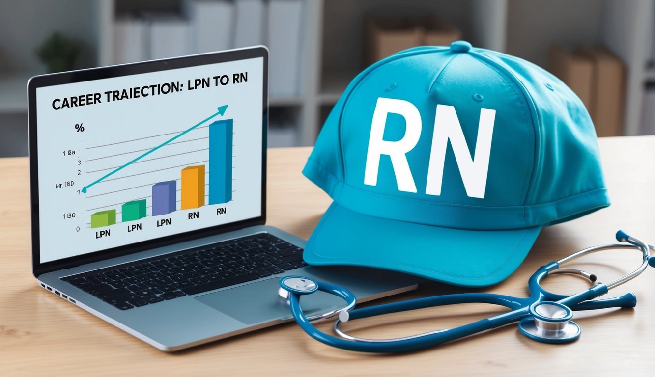 A nurse's cap and stethoscope on a desk beside a laptop showing a graph of career trajectory from LPN to RN