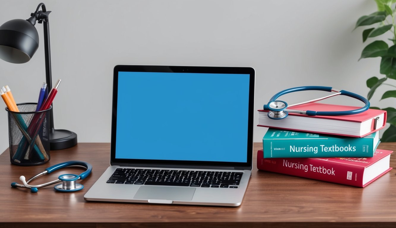 A laptop with a stethoscope and nursing textbooks on a desk