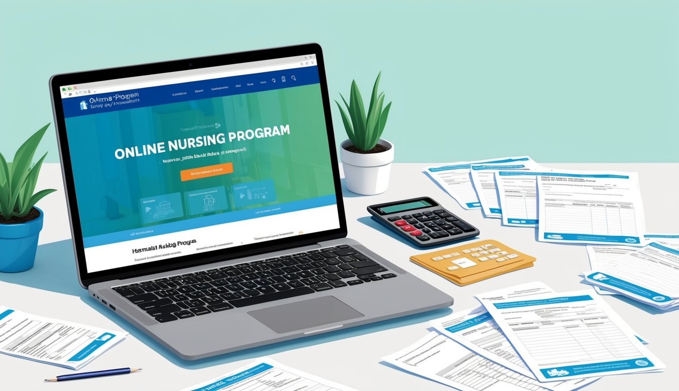 A laptop displaying an online nursing program website with a calculator and financial aid paperwork scattered around