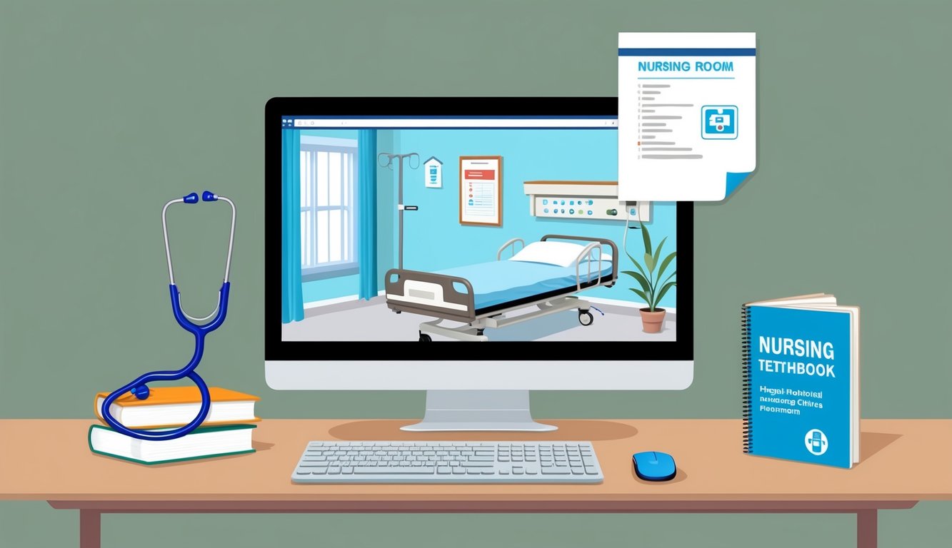 A computer with a stethoscope draped over the screen, a nursing textbook, and a virtual simulation of a hospital room