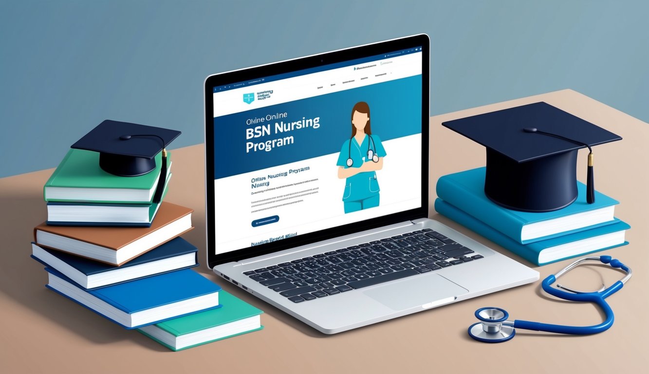 A laptop displaying an online BSN nursing program website, surrounded by books and notebooks, with a graduation cap and stethoscope nearby