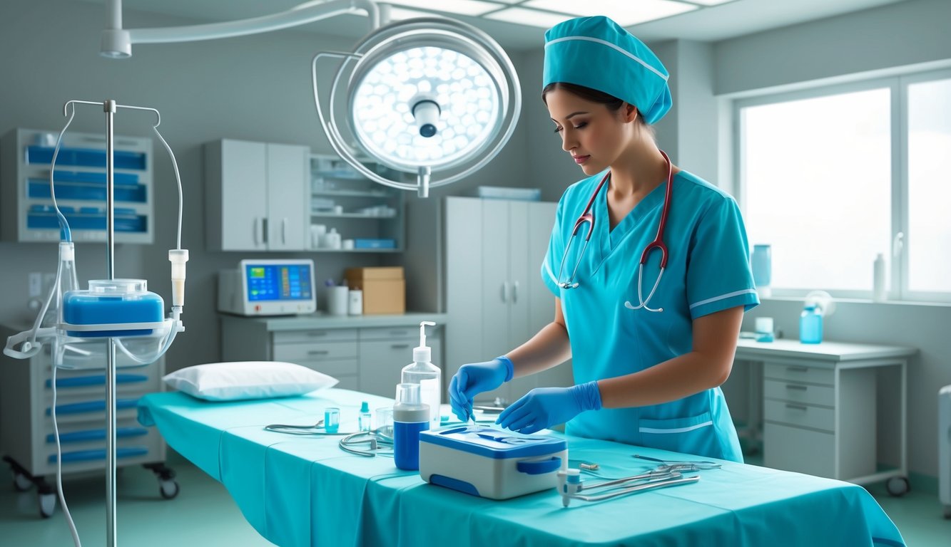 A nurse anesthetist preparing medical equipment in a sterile operating room