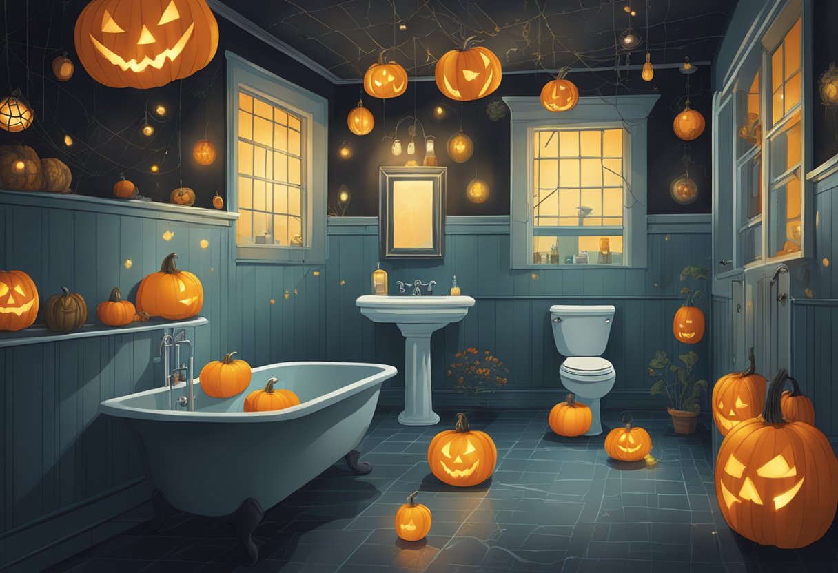 A dimly lit bathroom with eerie decor: glowing pumpkins, spider webs, and ghostly figures hanging from the ceiling