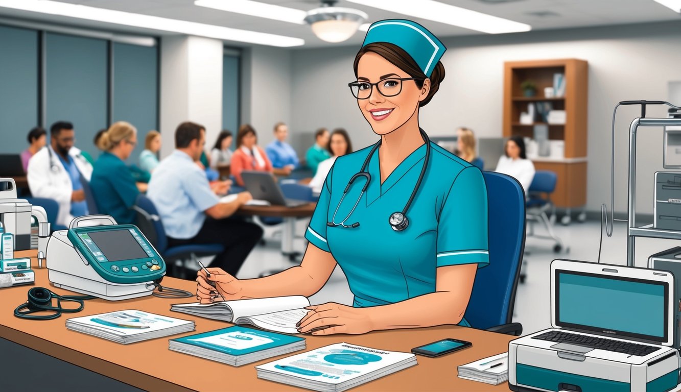 A nurse anesthetist attending a professional development seminar, surrounded by medical equipment and educational materials