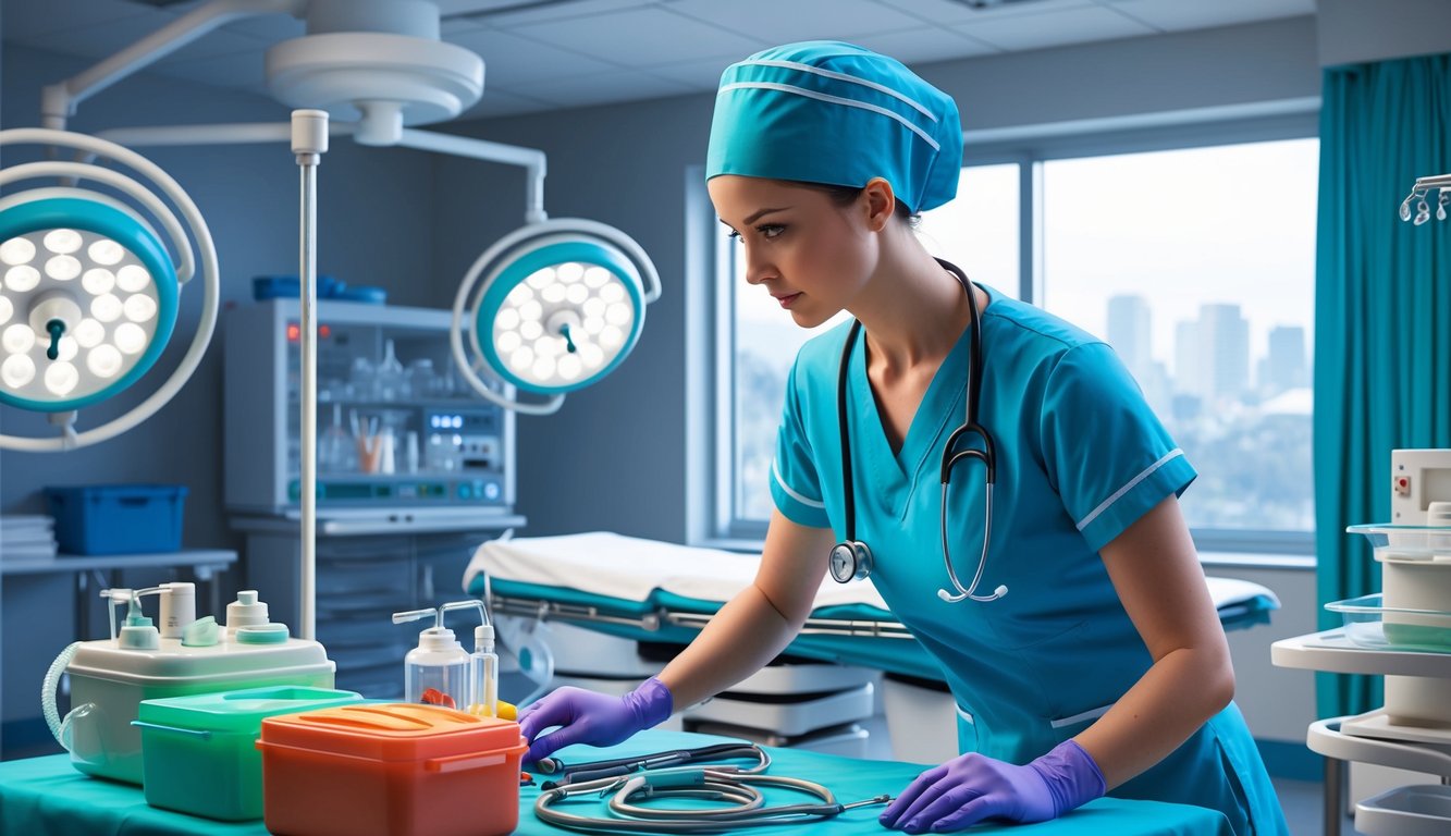 A nurse anesthetist preparing equipment in an operating room