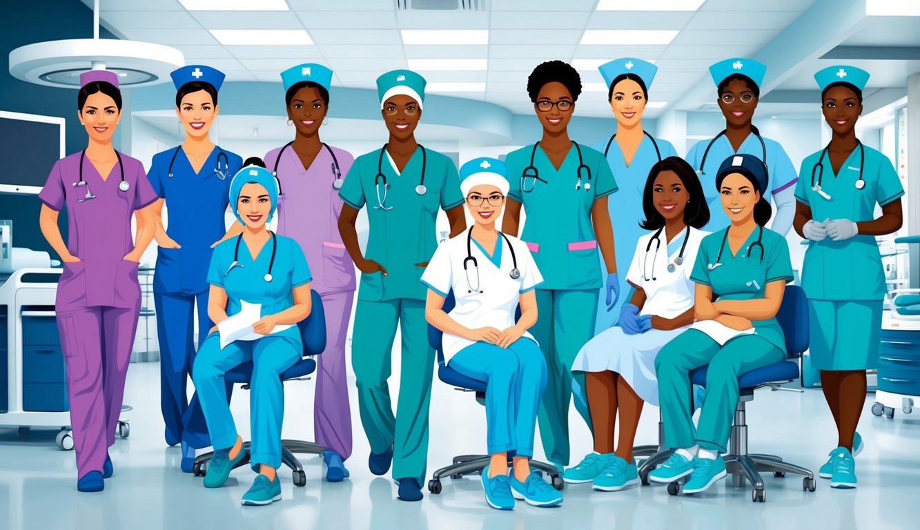 A group of nurses in various specialties, such as nurse anesthetists, nurse practitioners, and nurse midwives, working in modern hospital settings