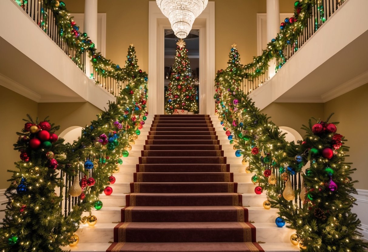 A grand staircase adorned with festive garlands, twinkling lights, and colorful ornaments, creating a magical holiday atmosphere