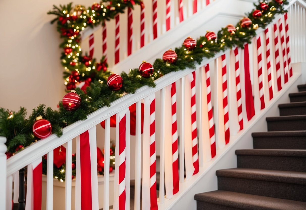 Red and white candy cane banners draped along a staircase, adorned with festive Christmas decorations