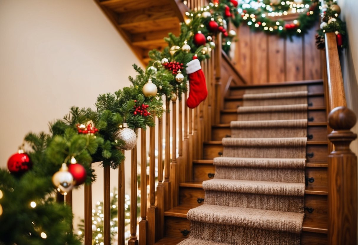 A cozy wooden staircase adorned with festive Christmas decor