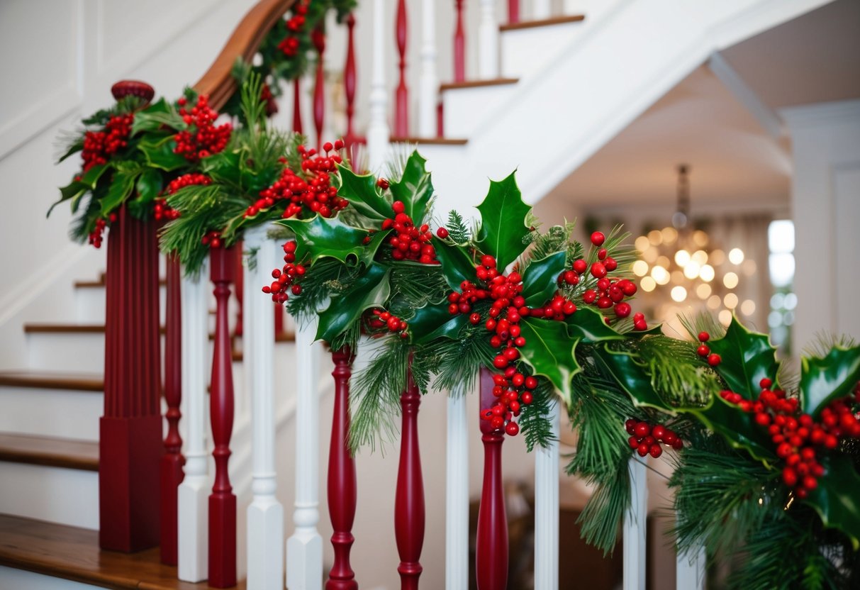 Red and green holly and berry accents adorn the bannisters of a festively decorated staircase