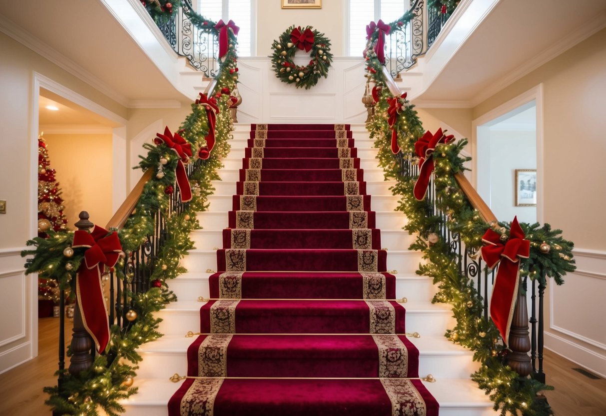 A grand staircase adorned with luxurious velvet runners, accented with festive Christmas decorations