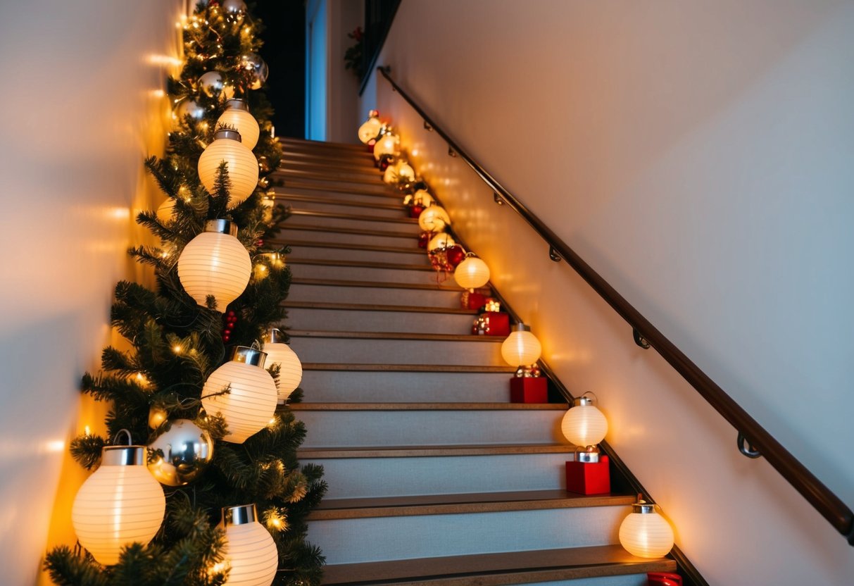 A staircase adorned with warm white LED lanterns for Christmas