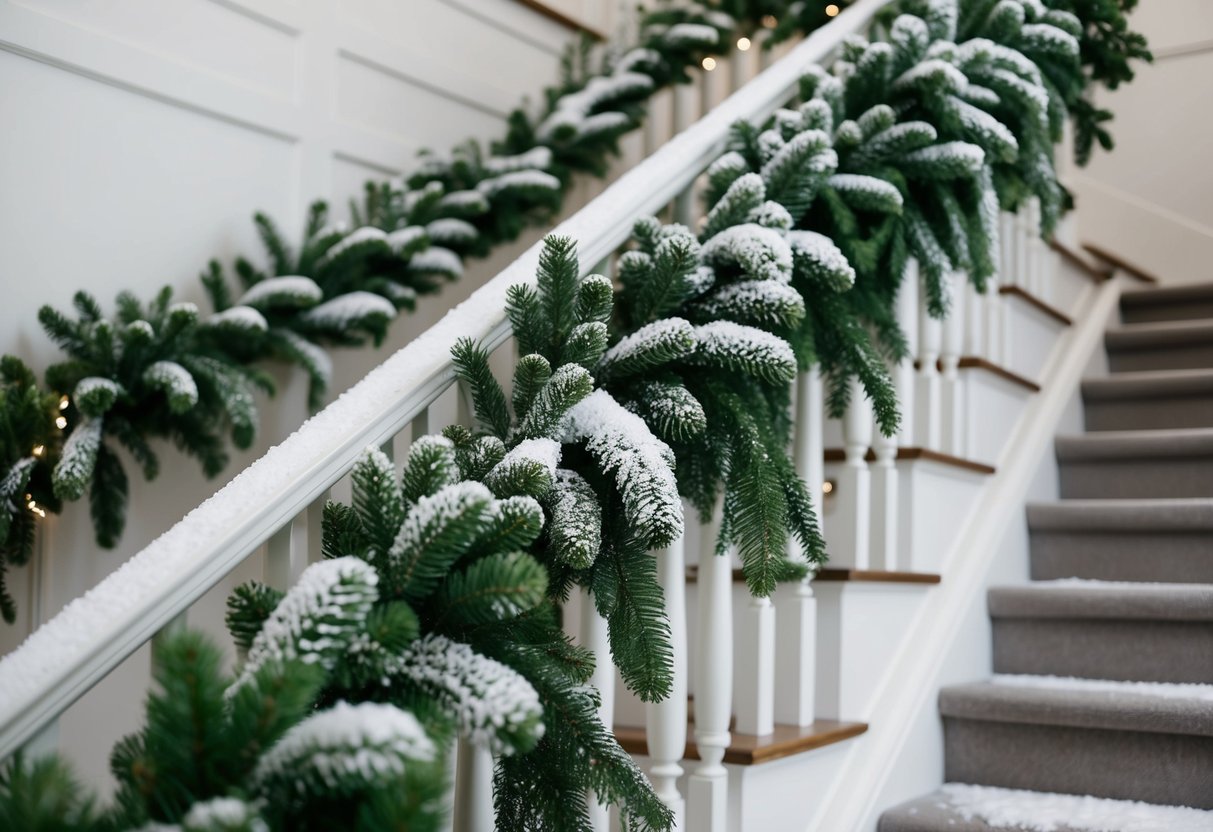 Evergreen garlands draped along a staircase, dusted with faux snow for a festive Christmas decor