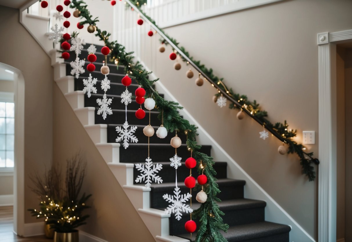 A staircase adorned with felt snowflake hangings, creating a festive and whimsical Christmas decor