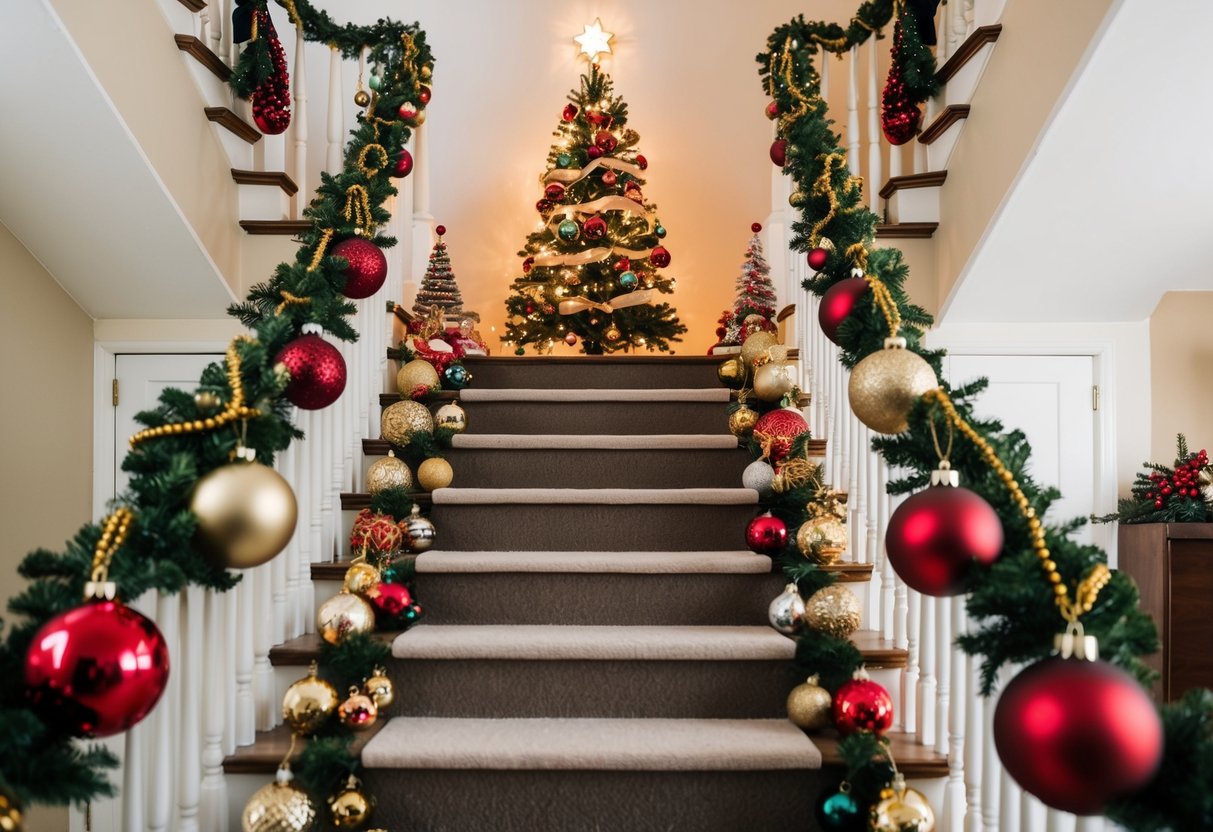 A staircase adorned with vintage ornaments and festive decor, creating a nostalgic and charming Christmas scene