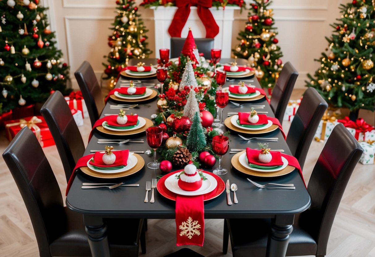 A festive table set with various Christmas decorations and centerpieces, surrounded by chairs and adorned with holiday-themed place settings and dinnerware