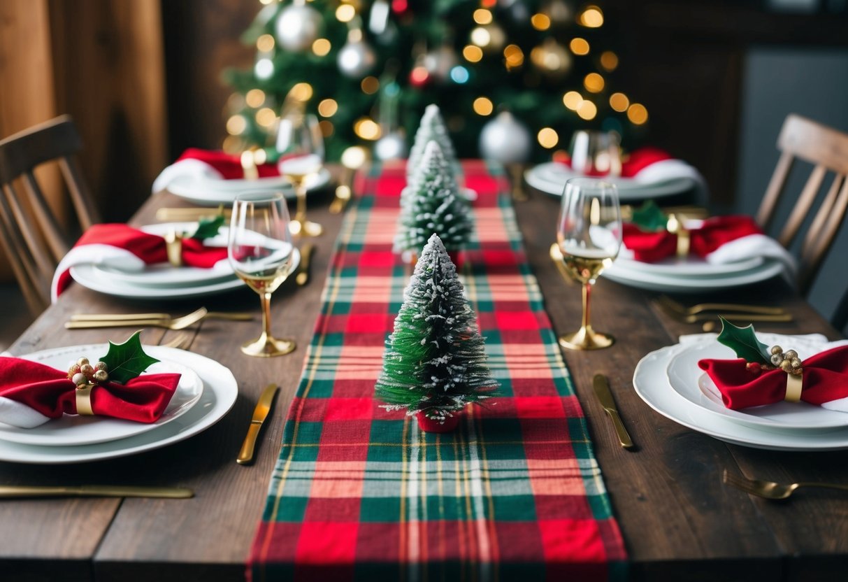 A plaid Christmas table runner adorns a festive table with holiday decorations and place settings