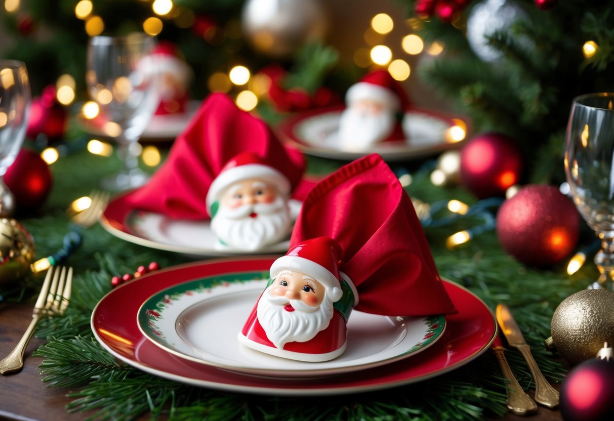 A festive table setting with vintage Santa napkin rings, surrounded by Christmas decorations and twinkling lights