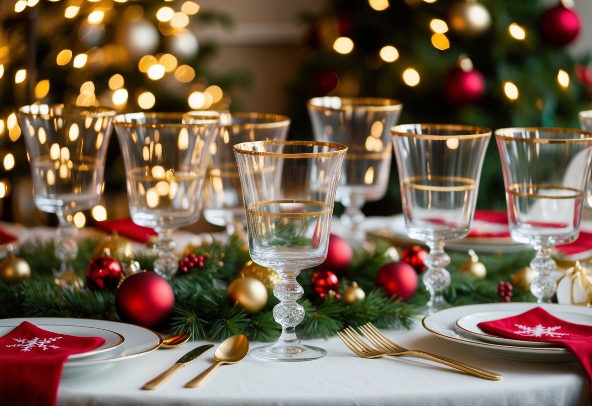 Gold-rimmed glassware arranged on a festive Christmas table, surrounded by elegant holiday decor and twinkling lights