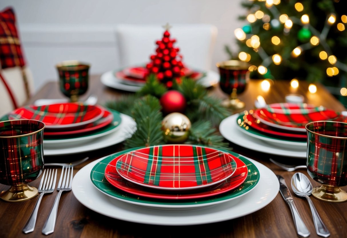 A festive table set with red and green tartan plates, surrounded by Christmas decorations and twinkling lights