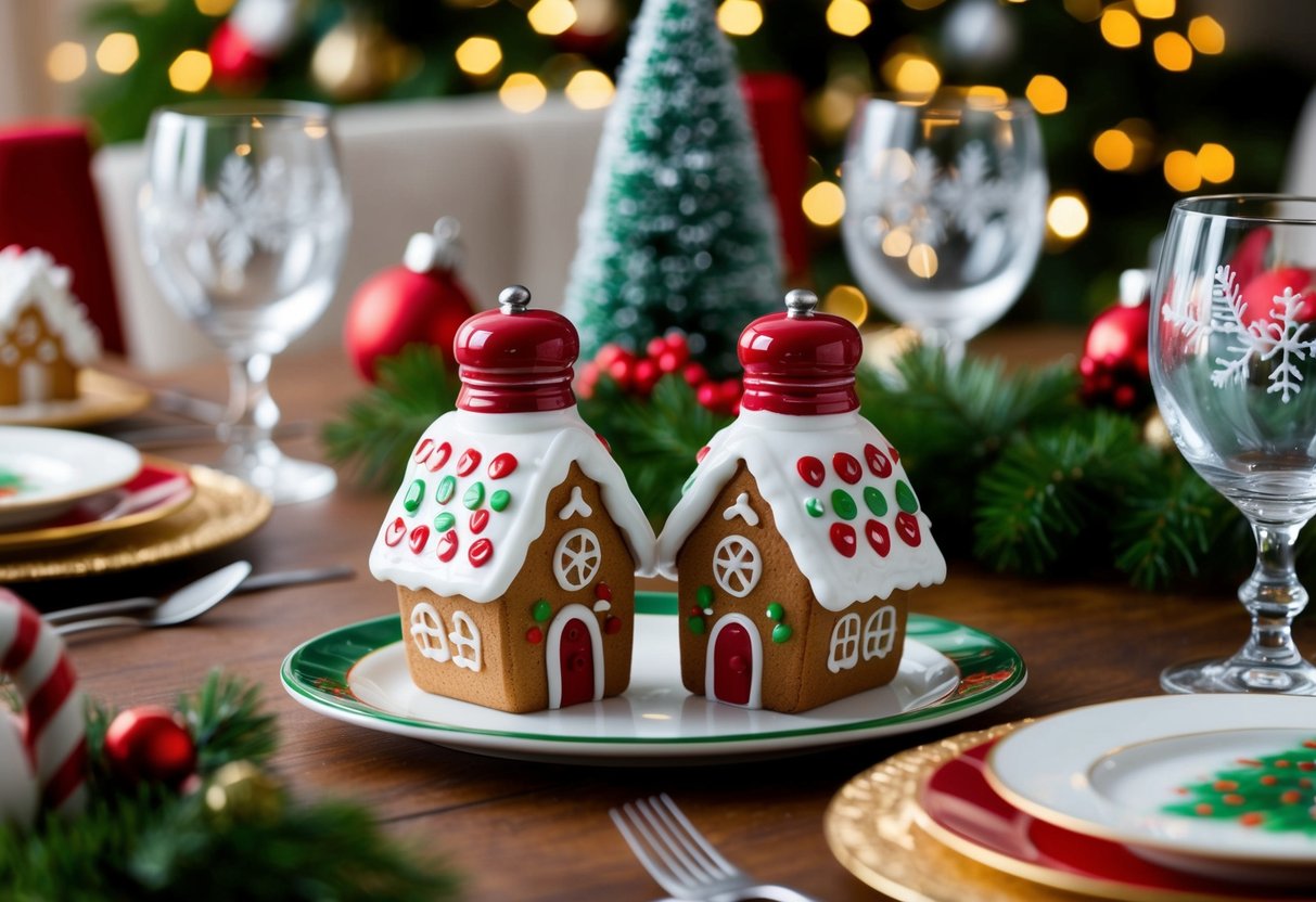 A festive table set with gingerbread house salt and pepper shakers, surrounded by other Christmas decorations and dinnerware