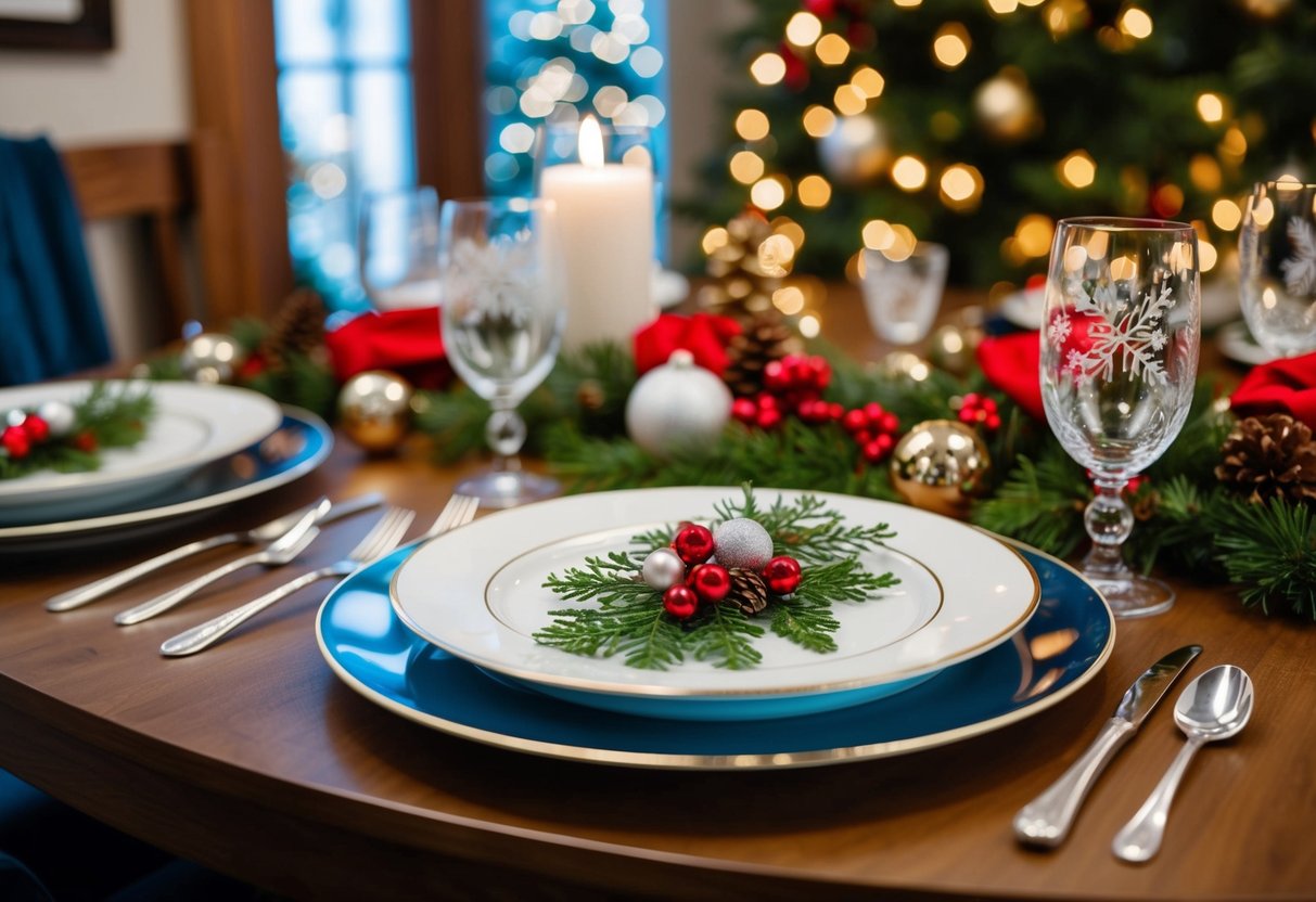 A table set with winter-themed charger plates, surrounded by Christmas decorations and festive ambiance