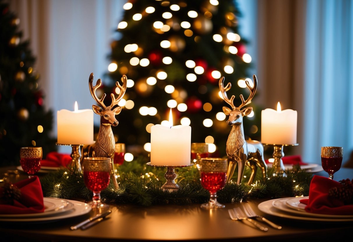 A festive table adorned with reindeer candle holders, surrounded by twinkling lights and holiday decor