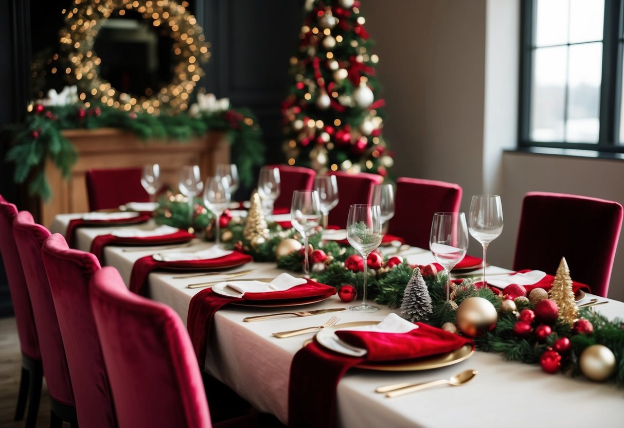 A table set with velvet chair covers and Christmas decorations