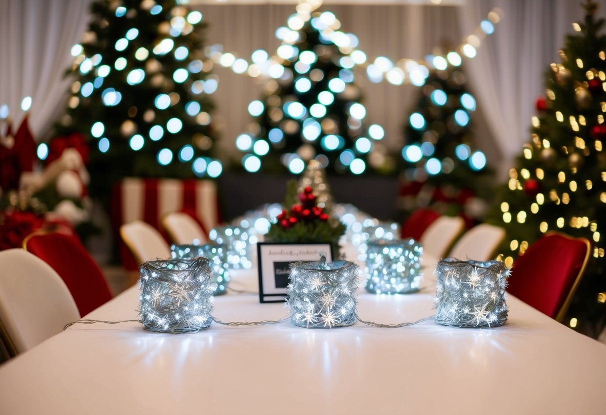 A table adorned with Silver Starry LED String Lights, surrounded by festive Christmas decorations and centerpieces