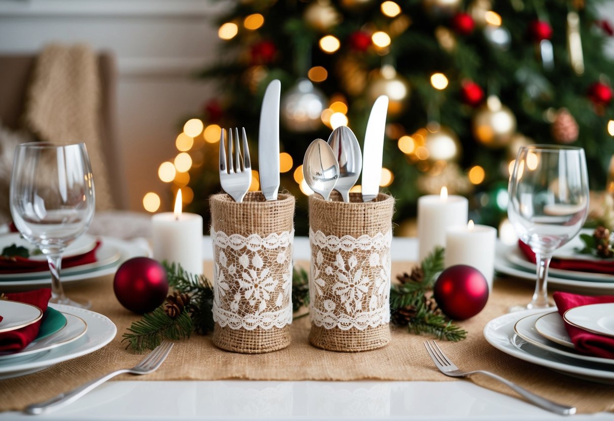 Burlap and lace cutlery holders arranged on a festive Christmas table with elegant tableware and seasonal decorations