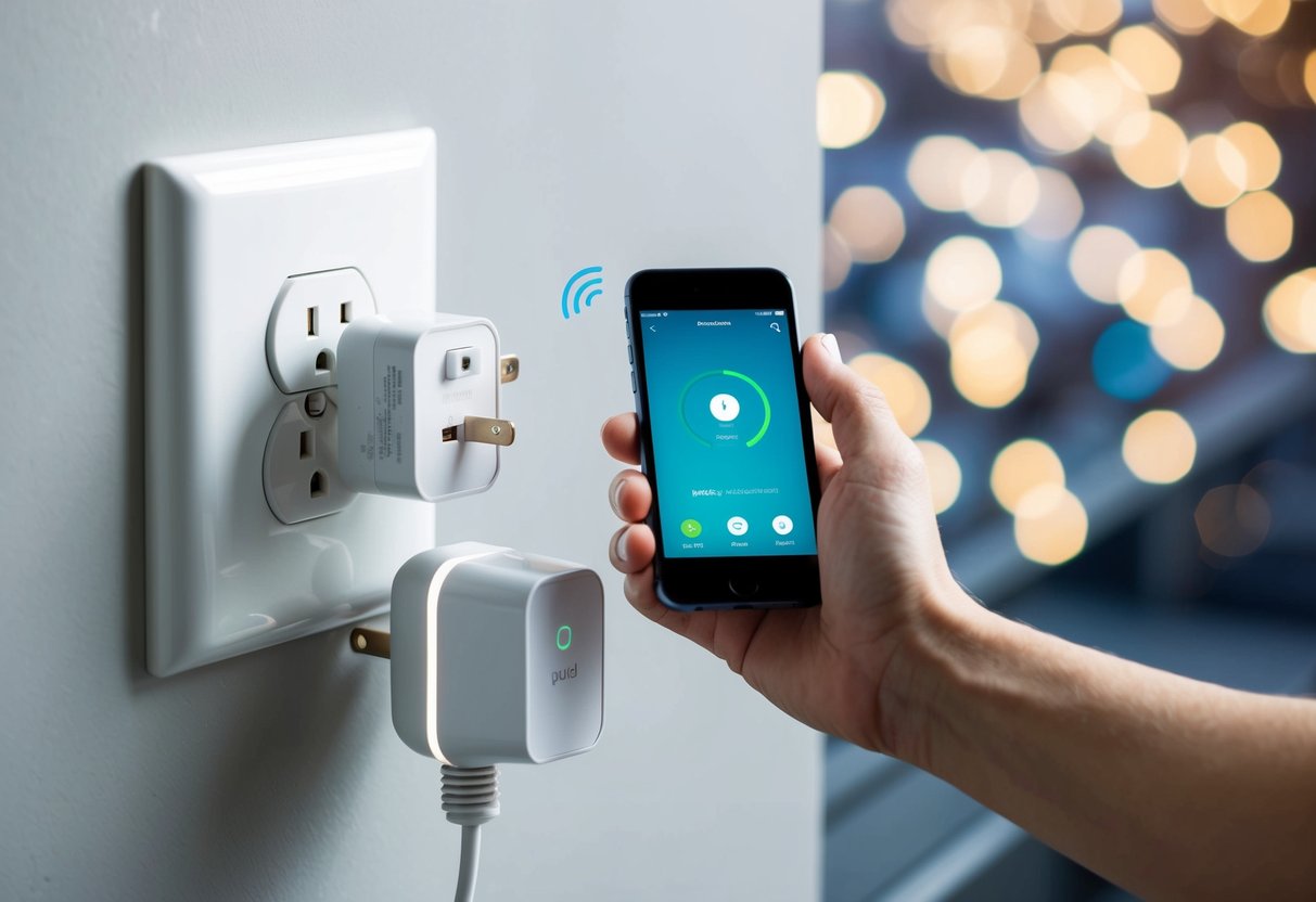 A smart plug is inserted into a wall socket, with various appliances plugged into it. A smartphone with a remote access app is shown controlling the appliances with voice commands