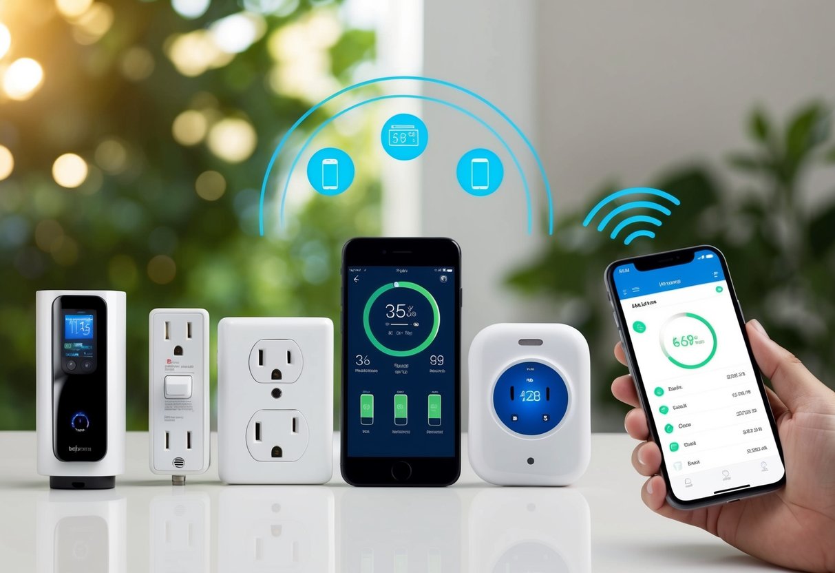 A smart plug connected to various appliances, with a smartphone displaying energy usage data and a user remotely controlling the devices