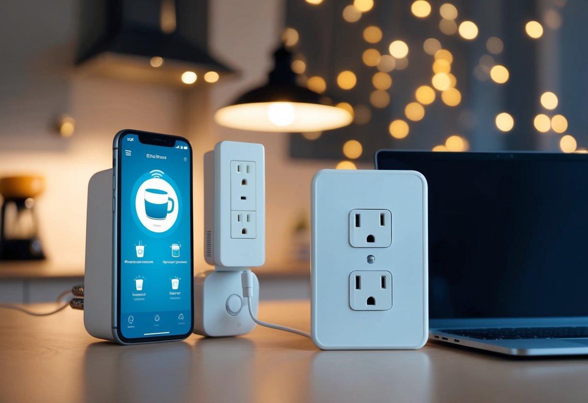 Smart plugs control appliances remotely: a smartphone app activates a coffee maker, while a laptop schedules lights to turn on at dusk