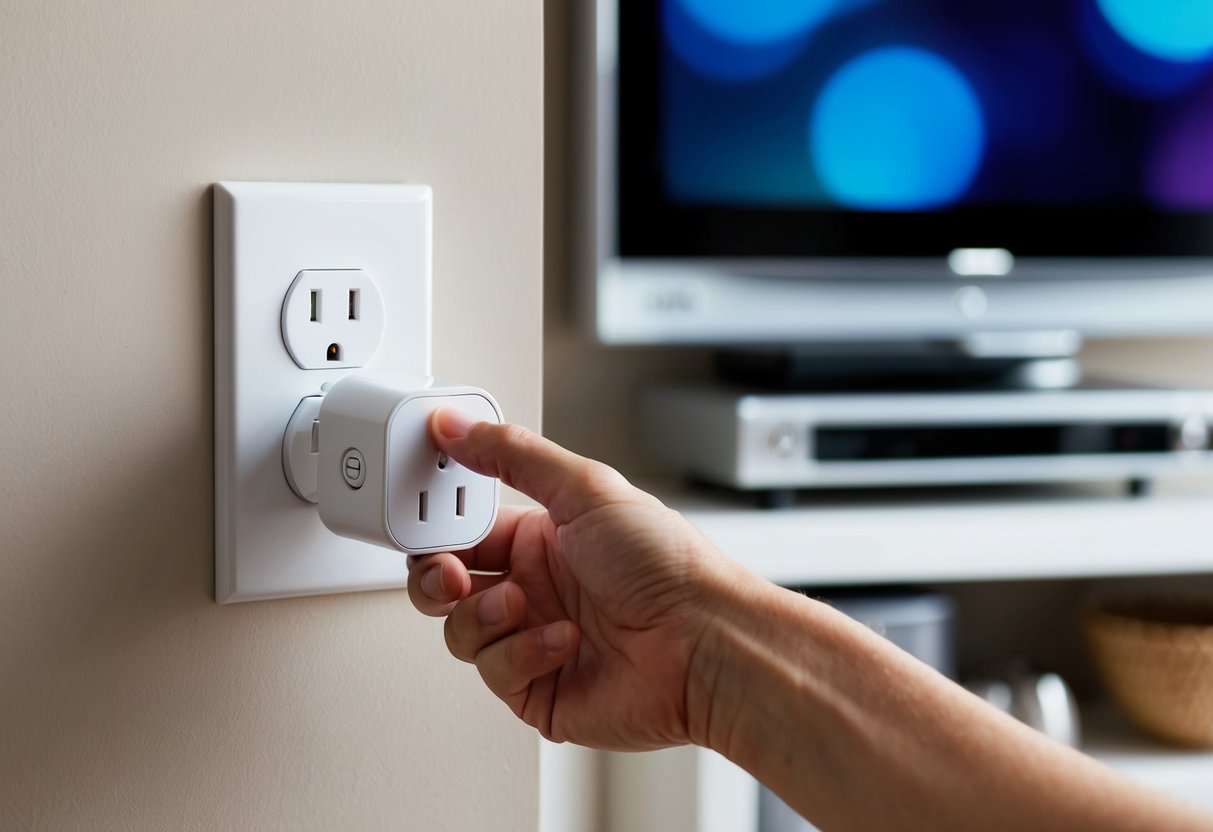 A hand reaching out to plug a smart plug into a wall outlet, with various appliances around it, such as a lamp, coffee maker, and television