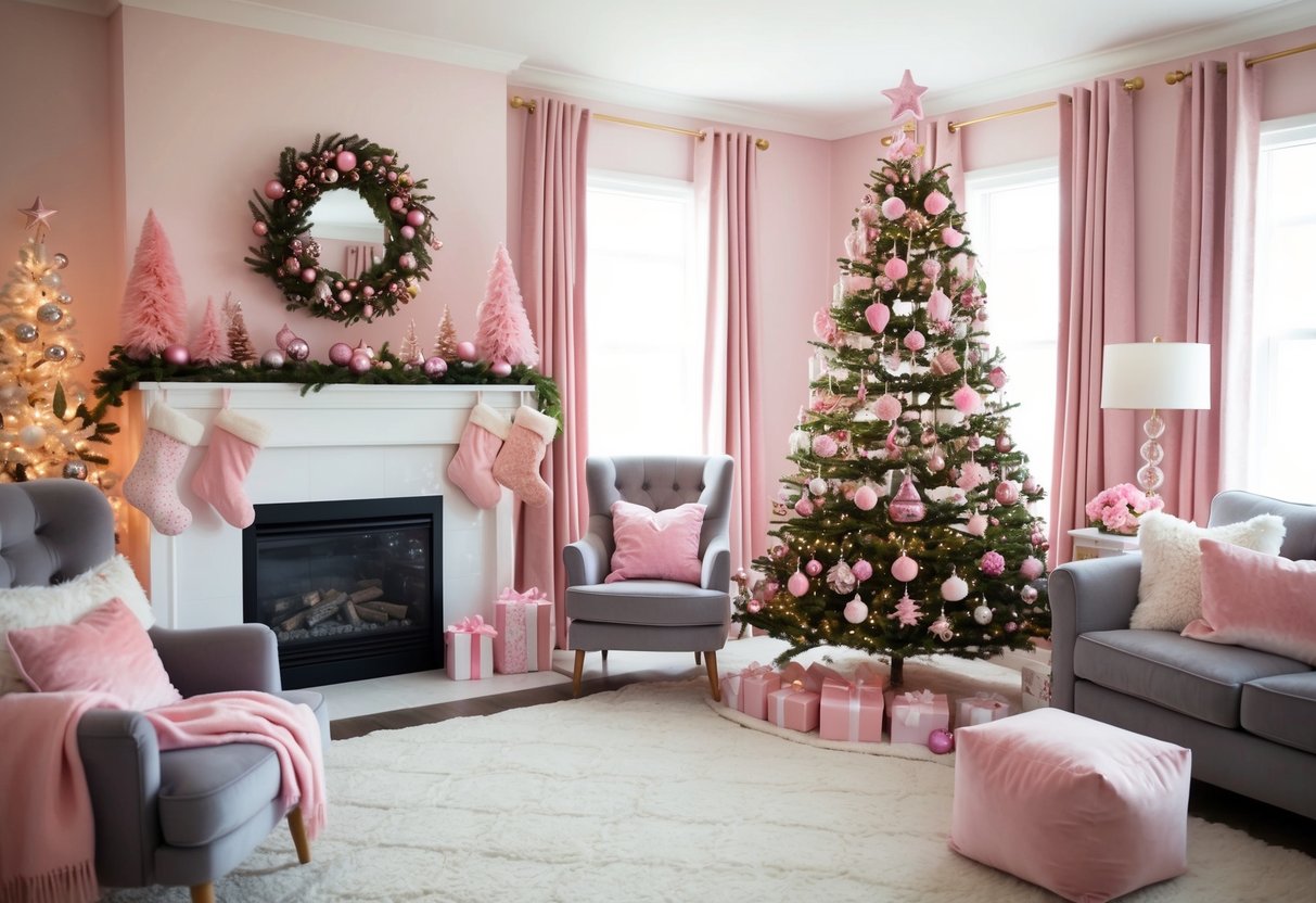 A cozy living room adorned with pink Christmas decorations, including a sparkling tree, stockings, and festive ornaments