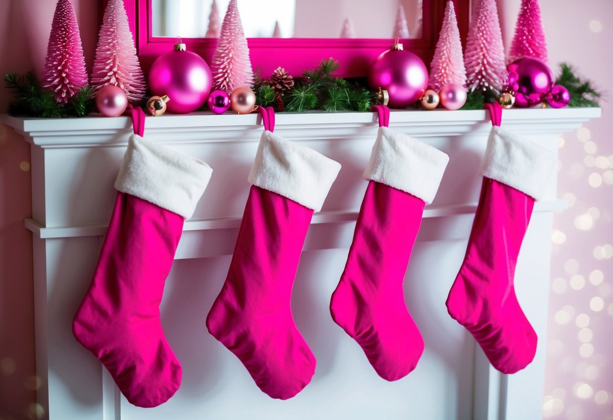 Pink stockings hung on a white mantel, surrounded by pink Christmas decorations