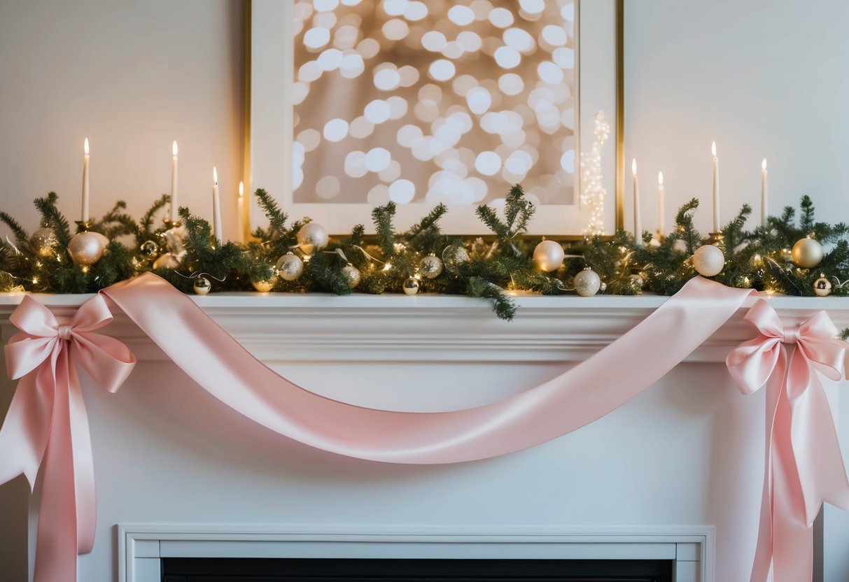 A soft pink ribbon garland draped across a fireplace mantel, adorned with twinkling lights and delicate ornaments