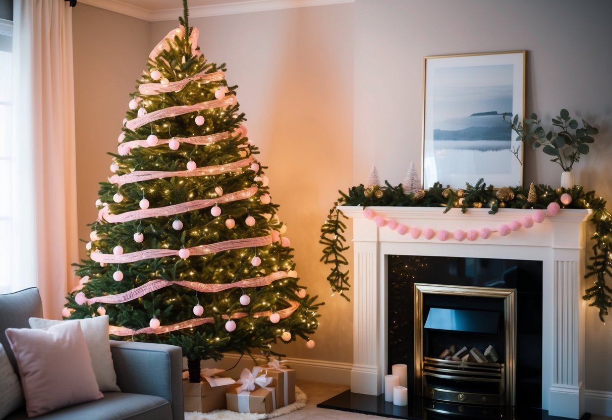 A cozy living room with pink LED string lights wrapped around a Christmas tree and draped over the fireplace mantel