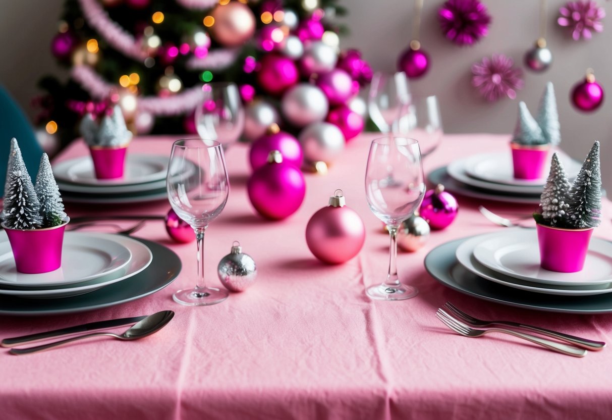 A festive table set with a pink cotton candy tablecloth, adorned with Christmas decor in various shades of pink and silver