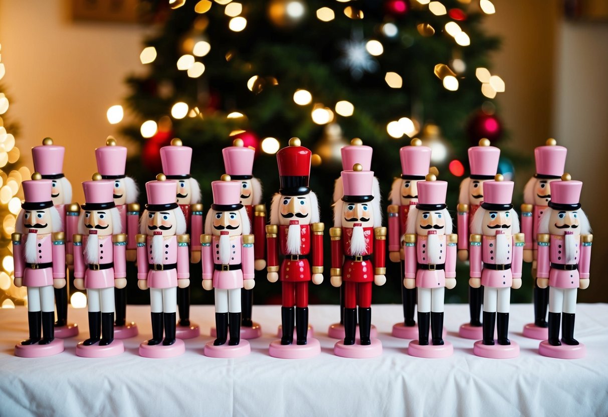 A group of 18 pink nutcracker figurines arranged in a festive Christmas display