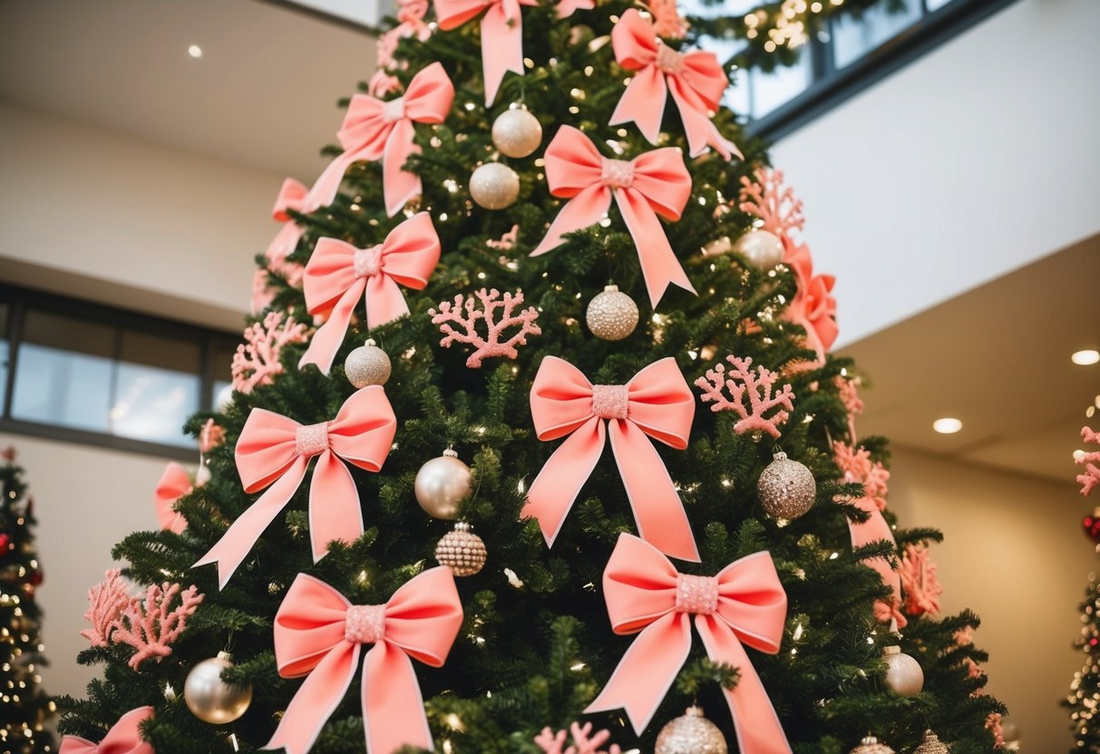 A tall tree adorned with pink coral-shaped bows and other festive decorations