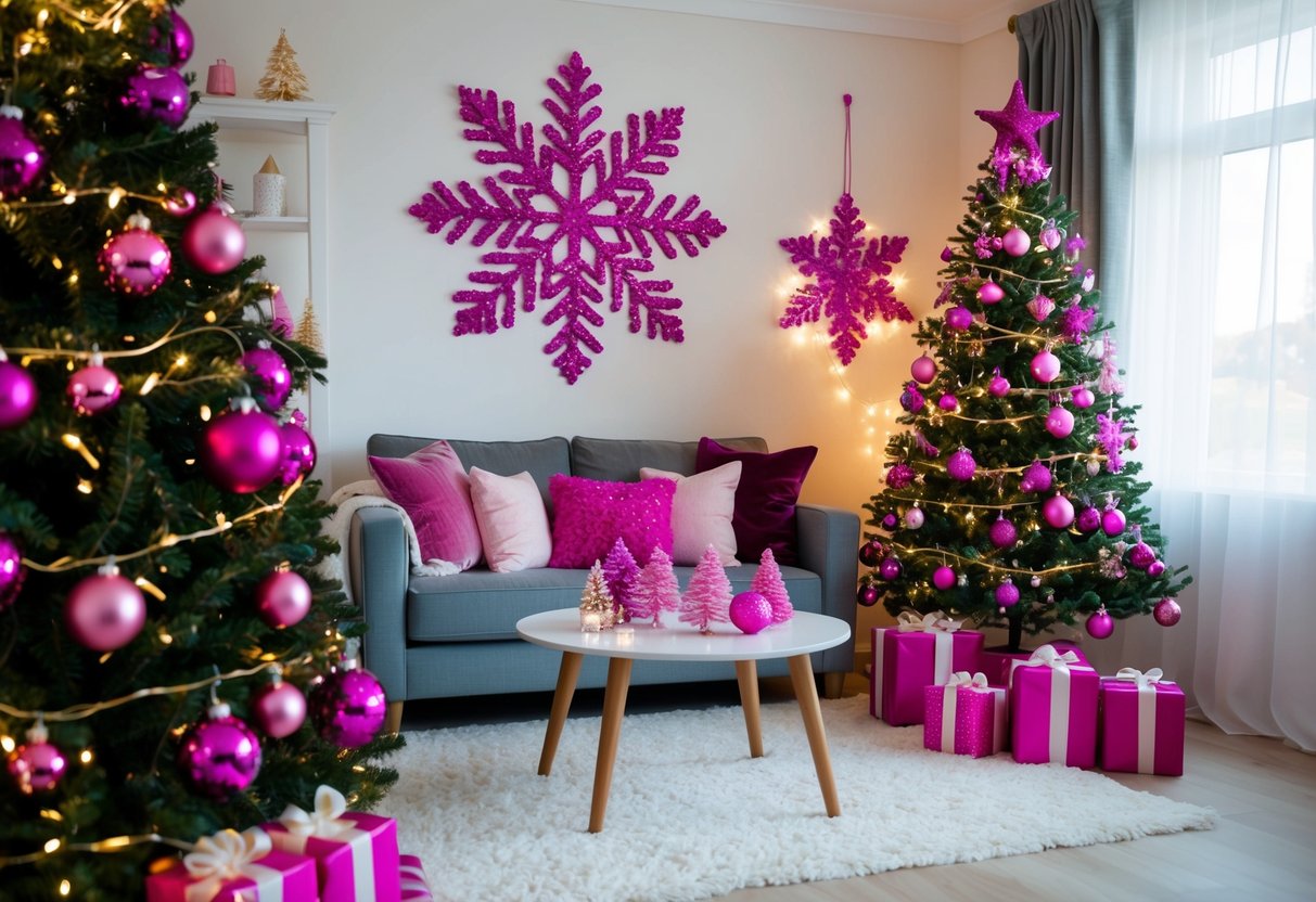 A cozy living room adorned with magenta glitter snowflakes, pink ornaments, and twinkling lights, creating a festive and charming Christmas atmosphere