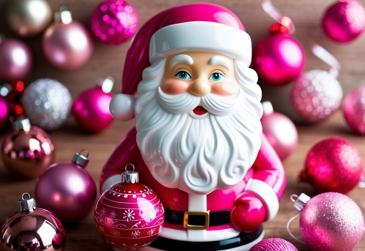 A pink Santa statue surrounded by 18 pink Christmas decorations