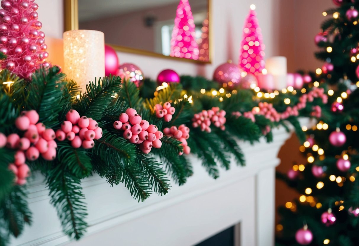 A festive garland of pink berries adorns a fireplace mantle, surrounded by twinkling lights and other pink Christmas decorations