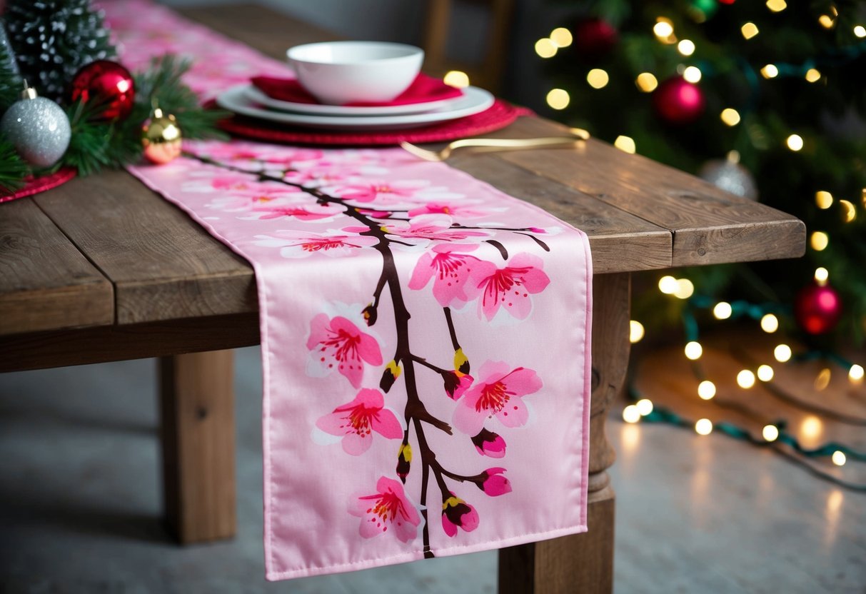 A pink cherry blossom table runner draped across a rustic wooden table, surrounded by Christmas decorations and twinkling lights